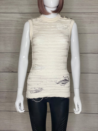 Button-embellished distressed ribbed-knit top